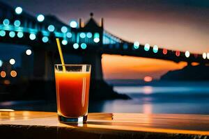 un' bicchiere di arancia succo con un' ponte nel il sfondo. ai-generato foto