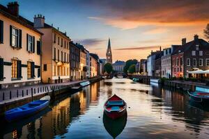 Barche siamo attraccato nel un' canale a tramonto. ai-generato foto