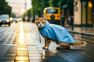 un' gatto indossare un' impermeabile su un' città strada. ai-generato foto