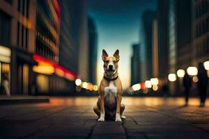 un' cane seduta su il strada nel un' città a notte. ai-generato foto