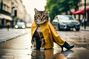 un' gatto indossare un' impermeabile e stivali su un' città strada. ai-generato foto