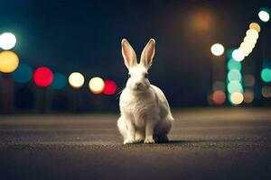 bianca coniglio seduta su il strada a notte. ai-generato foto