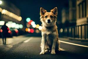 un' cane seduta su il strada a notte. ai-generato foto