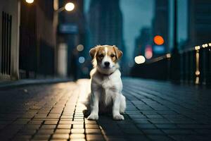 un' cane seduta su il strada a notte. ai-generato foto