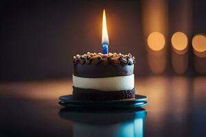 un' singolo candela su un' cioccolato torta. ai-generato foto
