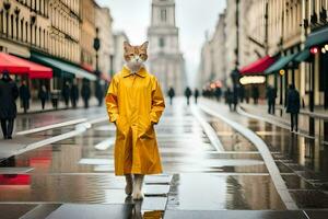 un' gatto nel un' giallo impermeabile in piedi su un' bagnato strada. ai-generato foto