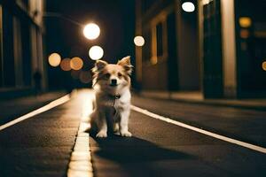 un' cane seduta su il strada a notte. ai-generato foto