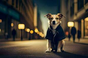un' cane indossare un' giacca si siede su il strada a notte. ai-generato foto