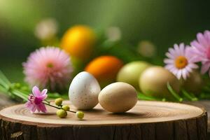 Pasqua uova su un' di legno ceppo con fiori. ai-generato foto