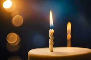 un' singolo candela è illuminato su un' compleanno torta. ai-generato foto