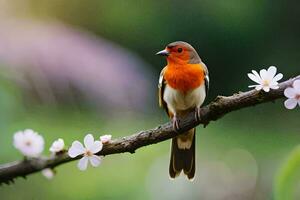 un' rosso e arancia uccello seduta su un' ramo. ai-generato foto