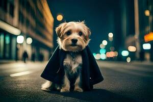 un' cane indossare un' capo su il strada a notte. ai-generato foto