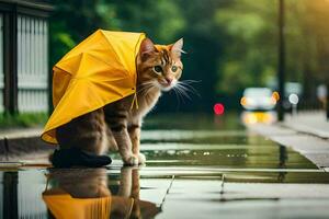 un' gatto è in piedi nel il pioggia con un ombrello. ai-generato foto