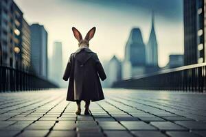 un' coniglio nel un' cappotto e cravatta a piedi su un' città strada. ai-generato foto