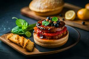 un' Hamburger con verdure e pane su un' piatto. ai-generato foto