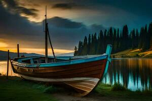 un' barca si siede su il riva di un' lago a tramonto. ai-generato foto