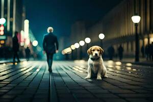 un' cane seduta su il strada a notte con un' uomo a piedi di. ai-generato foto