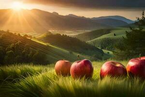 rosso mele nel un' campo con montagne nel il sfondo. ai-generato foto
