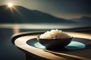 un' ciotola di riso su un' tavolo con montagne nel il sfondo. ai-generato foto