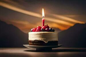 un' compleanno torta con un' singolo candela. ai-generato foto