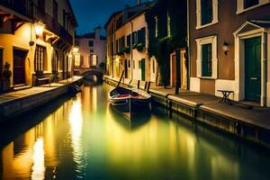 un' barca è attraccato nel un' stretto canale a notte. ai-generato foto