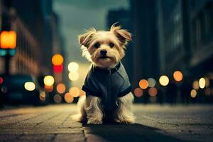 un' piccolo cane indossare un' camicia su il strada a notte. ai-generato foto