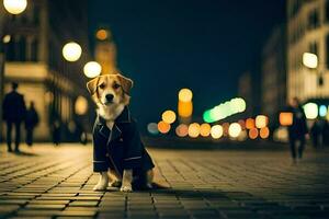 un' cane nel un' completo da uomo seduta su il strada a notte. ai-generato foto