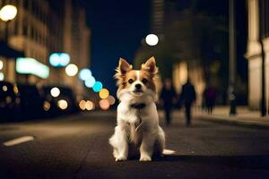 un' cane seduta su il strada a notte. ai-generato foto