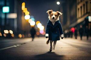 un' cane vestito nel un' completo da uomo e cravatta a piedi giù il strada a notte. ai-generato foto