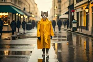 un' gatto nel un' impermeabile a piedi giù un' strada. ai-generato foto