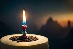 un' compleanno torta con un' singolo candela. ai-generato foto