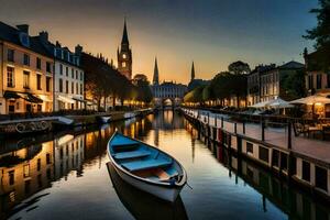 un' barca è attraccato nel un' canale a tramonto. ai-generato foto