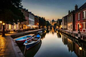 Barche siamo attraccato lungo un' canale a crepuscolo. ai-generato foto