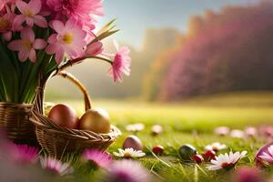 Pasqua fiori nel un' cestino. ai-generato foto