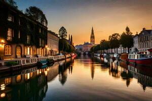 un' canale nel il città a tramonto con Barche. ai-generato foto