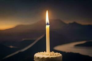 un' singolo candela su un' torta con un' montagna nel il sfondo. ai-generato foto