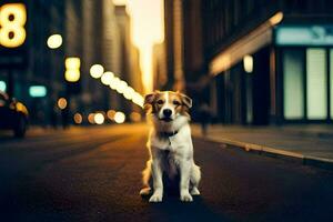 un' cane seduta su il strada nel il mezzo di un' città. ai-generato foto