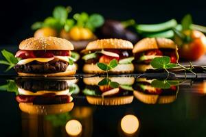 tre hamburger con verdure e pomodori su un' nero superficie. ai-generato foto
