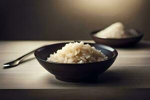 un' ciotola di riso e un' cucchiaio su un' tavolo. ai-generato foto