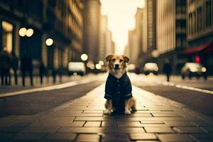 un' cane nel un' completo da uomo seduta su il strada. ai-generato foto