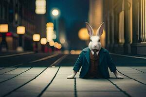 un' coniglio nel un' completo da uomo e cravatta si siede su il terra. ai-generato foto