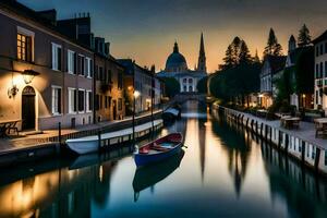 un' barca è attraccato nel un' canale a tramonto. ai-generato foto