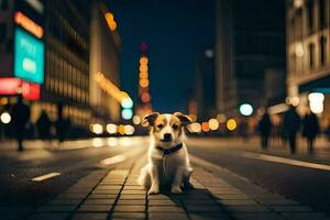 un' cane seduta su il strada a notte. ai-generato foto