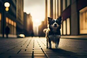 un' cane è in piedi su un' mattone strada nel il città. ai-generato foto