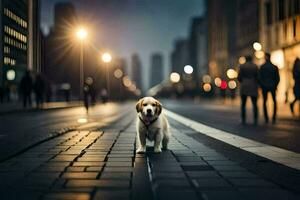 un' cane a piedi giù un' città strada a notte. ai-generato foto