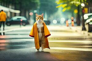 un' gatto nel un' giallo accappatoio in piedi su il strada. ai-generato foto