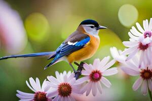 un' uccello è arroccato su alcuni fiori. ai-generato foto