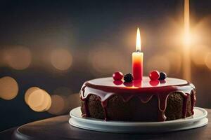 un' compleanno torta con un' illuminato candela. ai-generato foto