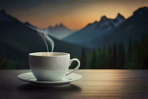 caffè tazza su il tavolo, montagne, Alba, Alba, Alba, Alba, alba,. ai-generato foto