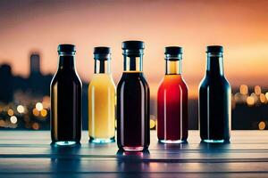 cinque bottiglie di diverso colorato liquido seduta su un' tavolo. ai-generato foto